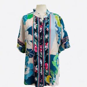 JOHNNY WAS Jenn Jolene RUFFLE TRIM Floral Button-Up Blouse SZ XL